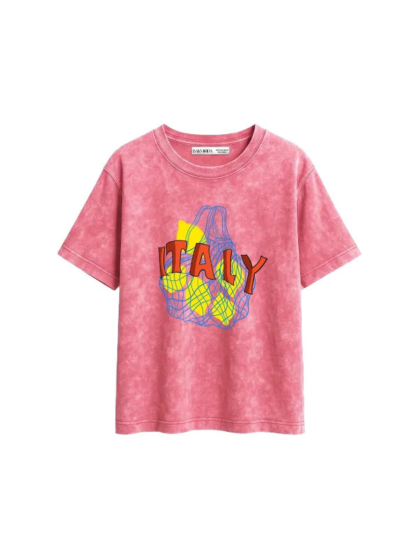 Italy Lemon Baskılı Relaxed Fit Yıkamalı Pembe Kadın Tshirt