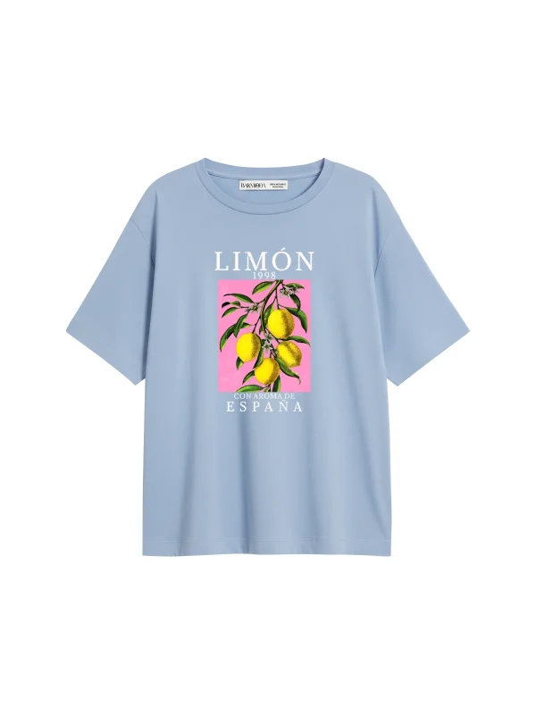 Lemon Baskılı Relaxed Fit Bebe Mavisi Kadın Tshirt