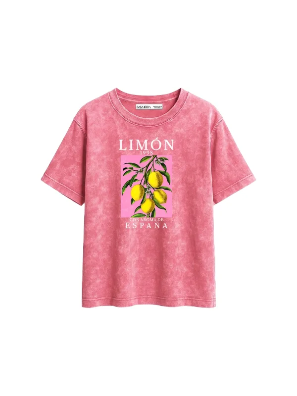 Lemon Baskılı Relaxed Fit Yıkamalı Pembe Kadın Tshirt