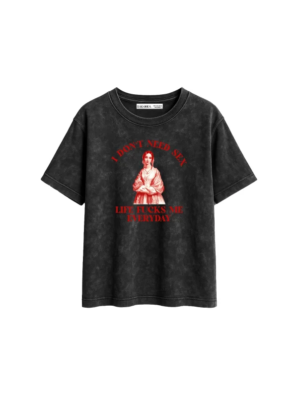 I Dont Need Baskılı Relaxed Fit Yıkamalı Siyah Kadın Tshirt