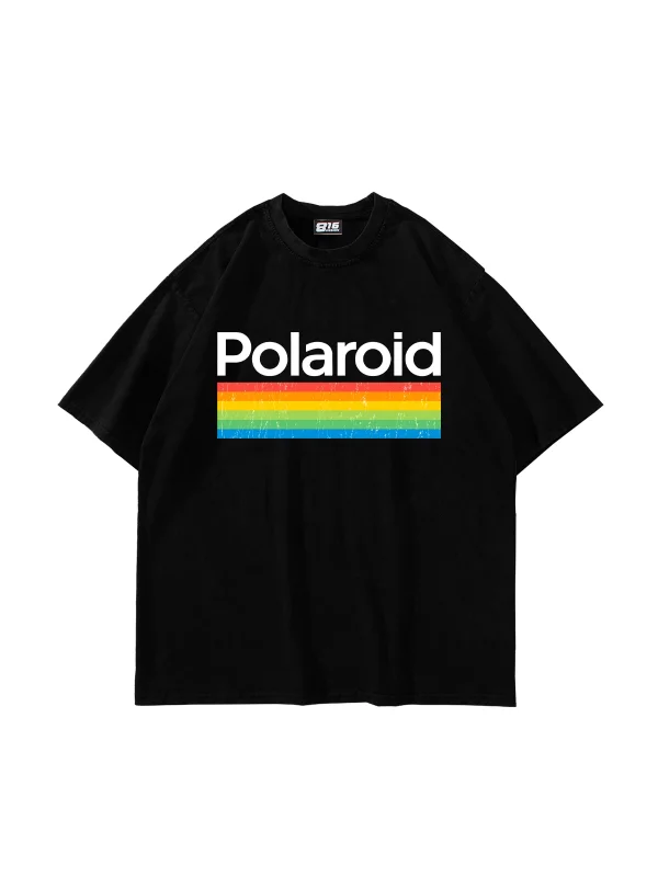 Polaroid Baskılı Oversize Unisex Siyah Tshirt