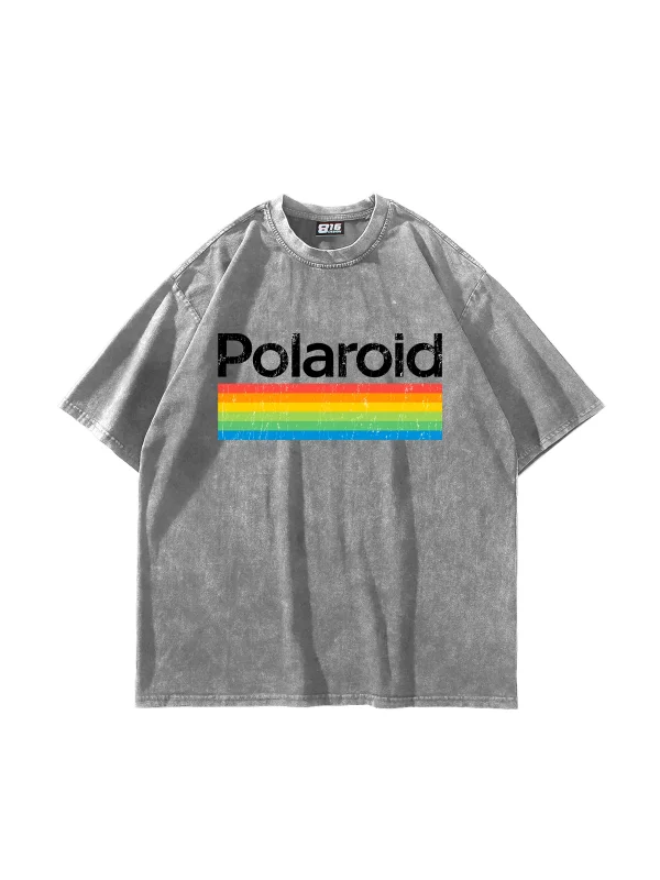 Polaroid Baskılı Oversize Unisex Yıkamalı Beyaz Tshirt