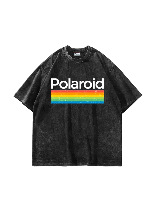Polaroid Baskılı Oversize Unisex Yıkamalı Siyah Tshirt