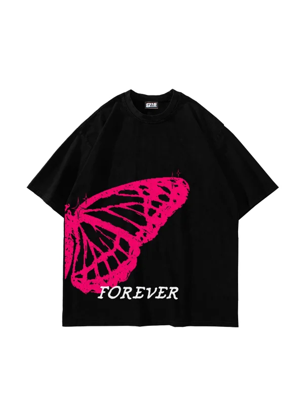 Forever Butterfly Baskılı Oversize Unisex Siyah Tshirt