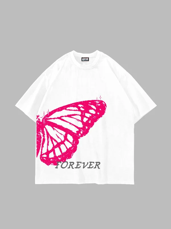Forever Butterfly Baskılı Oversize Unisex Beyaz Tshirt
