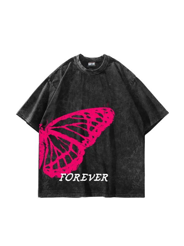 Forever Butterfly Baskılı Oversize Unisex Yıkamalı Siyah Tshirt
