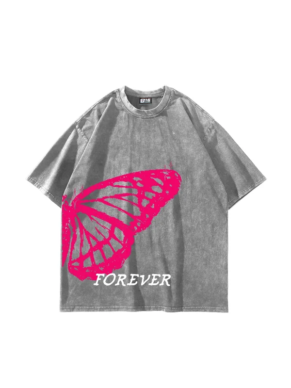 Forever Butterfly Baskılı Oversize Unisex Yıkamalı Beyaz Tshirt