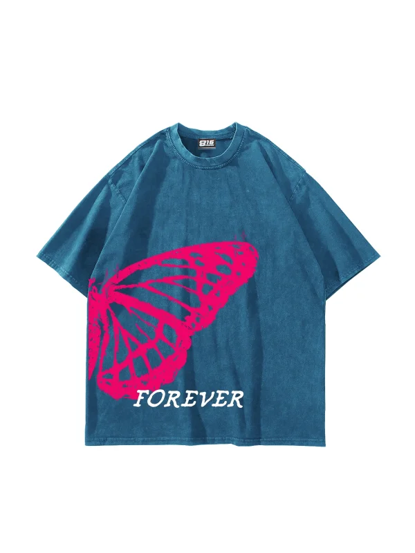 Forever Butterfly Baskılı Oversize Unisex Yıkamalı Mavi Tshirt