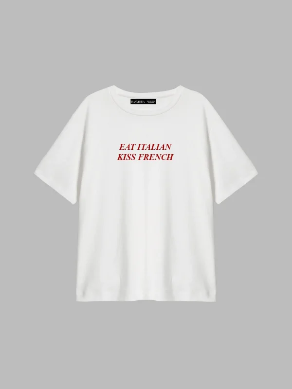 Eat Italian Kiss French Baskılı Relaxed Fit Beyaz Kadın Tshirt