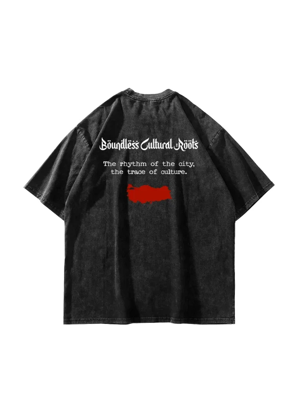 Cultural Roots Baskılı Oversize Unisex Yıkamalı Siyah Tshirt