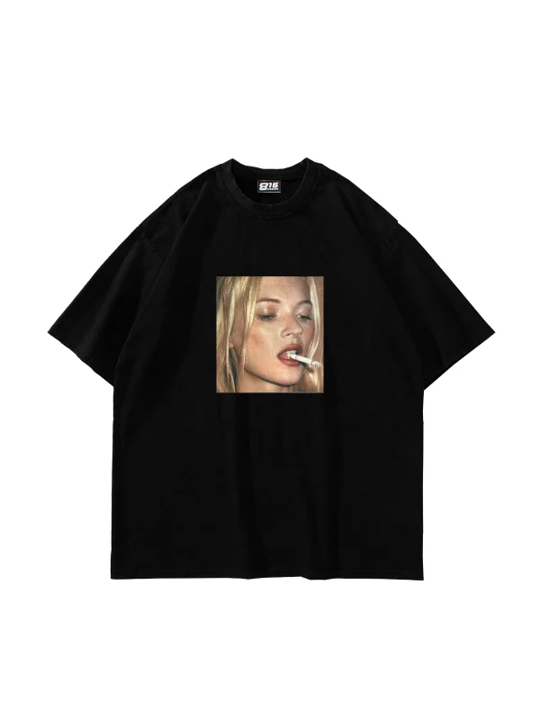 Kate Smokin Baskılı Oversize Unisex Siyah Tshirt