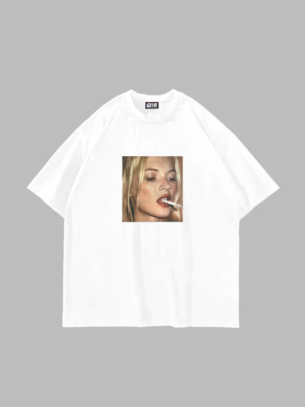 Kate Smokin Baskılı Oversize Unisex Beyaz Tshirt