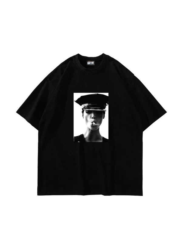 Christy Turlington Baskılı Oversize Unisex Siyah Tshirt