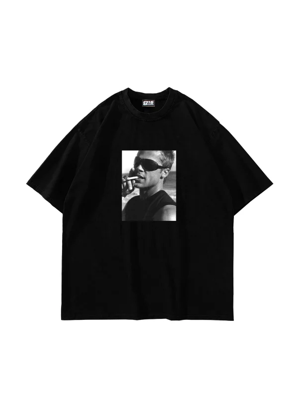 Brad Pitt Baskılı Oversize Unisex Siyah Tshirt