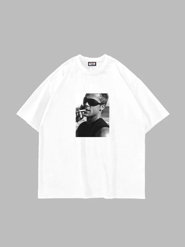 Brad Pitt Baskılı Oversize Unisex Beyaz Tshirt