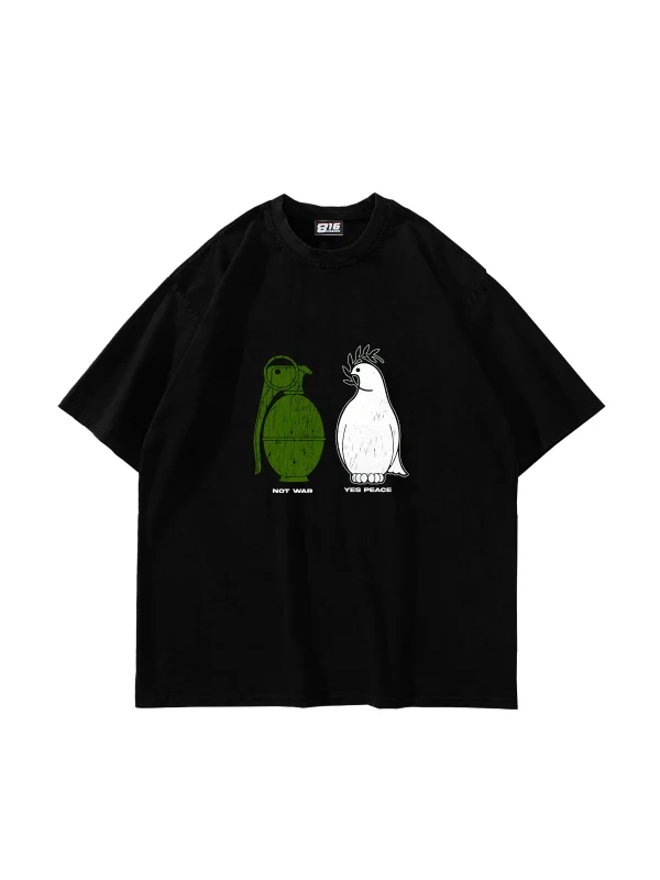 Not War Yes Peace Baskılı Oversize Unisex Siyah Tshirt