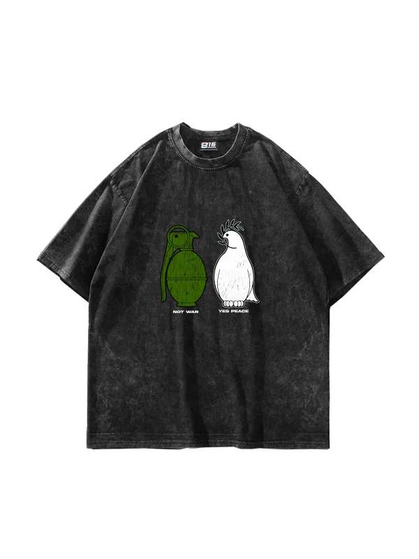 Not War Yes Peace Baskılı Oversize Unisex Yıkamalı Siyah Tshirt