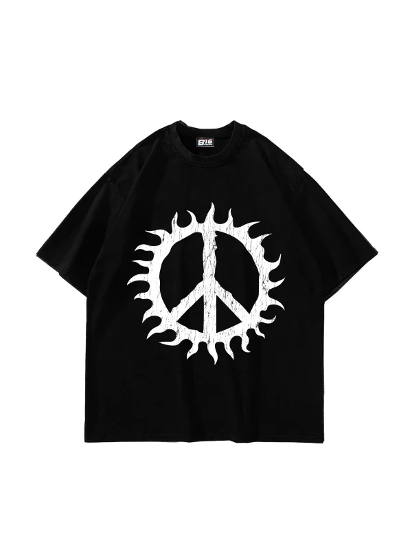 Peace Life Baskılı Oversize Unisex Siyah Tshirt