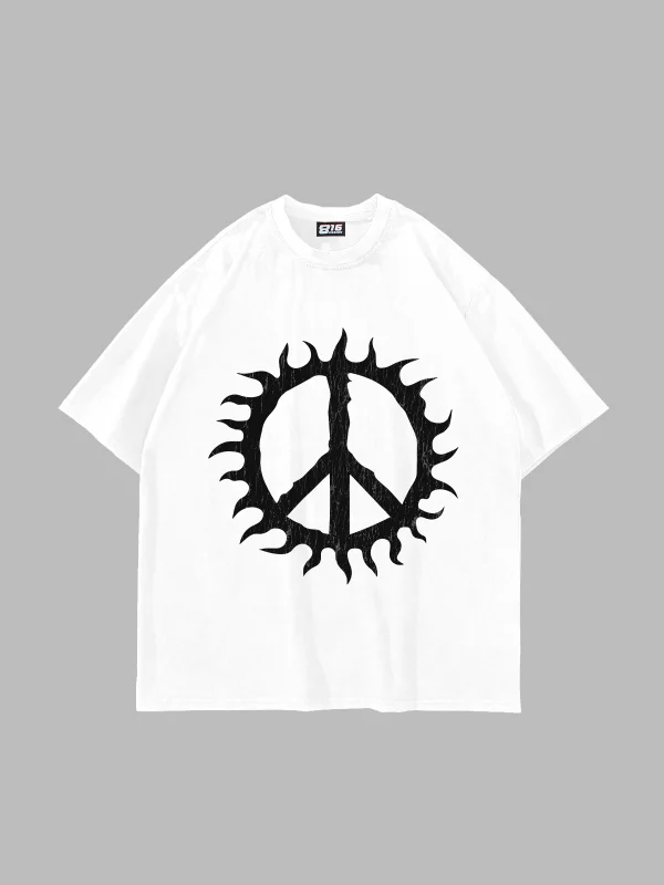 Peace Life Baskılı Oversize Unisex Beyaz Tshirt