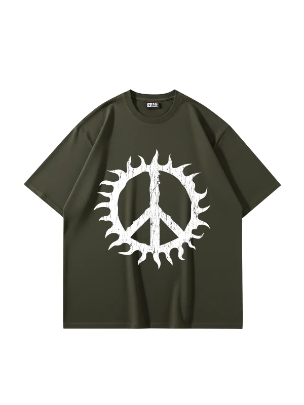 Peace Life Baskılı Oversize Unisex Haki Tshirt