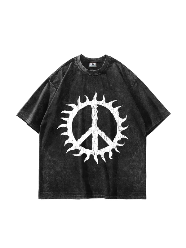 Peace Life Baskılı Oversize Unisex Yıkamalı Siyah Tshirt