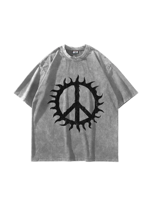 Peace Life Baskılı Oversize Unisex Yıkamalı Beyaz Tshirt