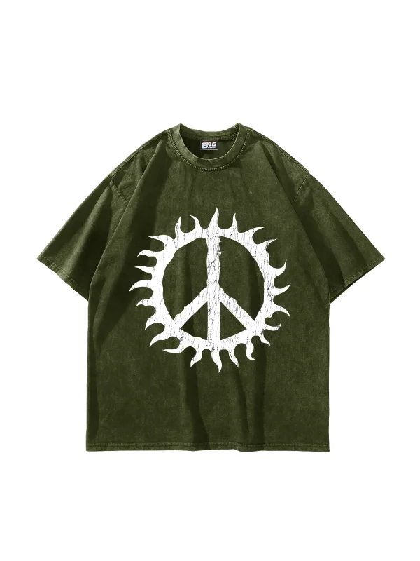 Peace Life Baskılı Oversize Unisex Yıkamalı Yeşil Tshirt