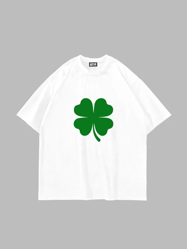 Clover Baskılı Oversize Unisex Beyaz Tshirt