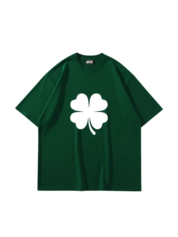 Clover Baskılı Oversize Unisex Yeşil Tshirt