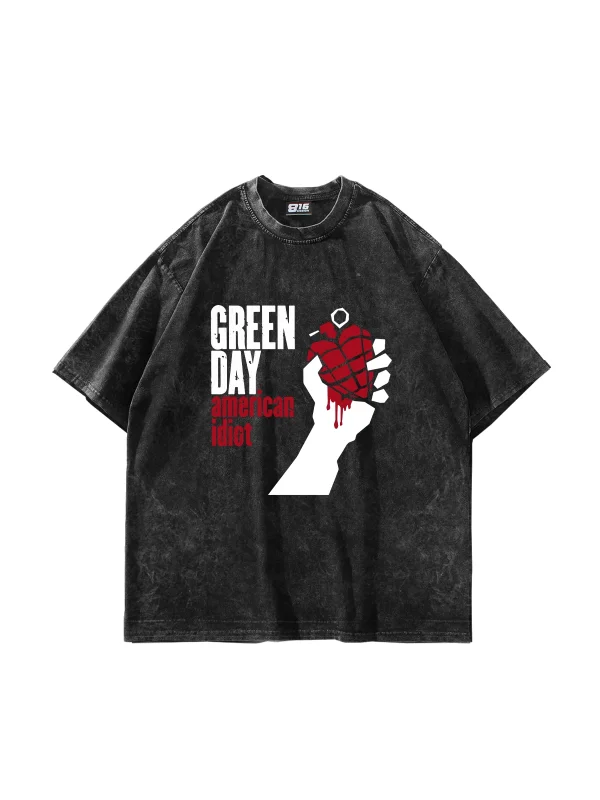 Green Day Baskılı Oversize Unisex Yıkamalı Siyah Tshirt