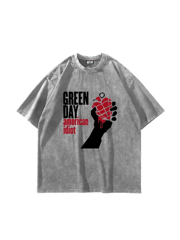Green Day Baskılı Oversize Unisex Yıkamalı Beyaz Tshirt