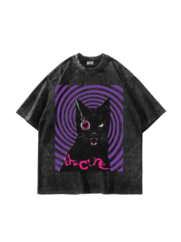 The Cure Baskılı Oversize Unisex Yıkamalı Siyah Tshirt