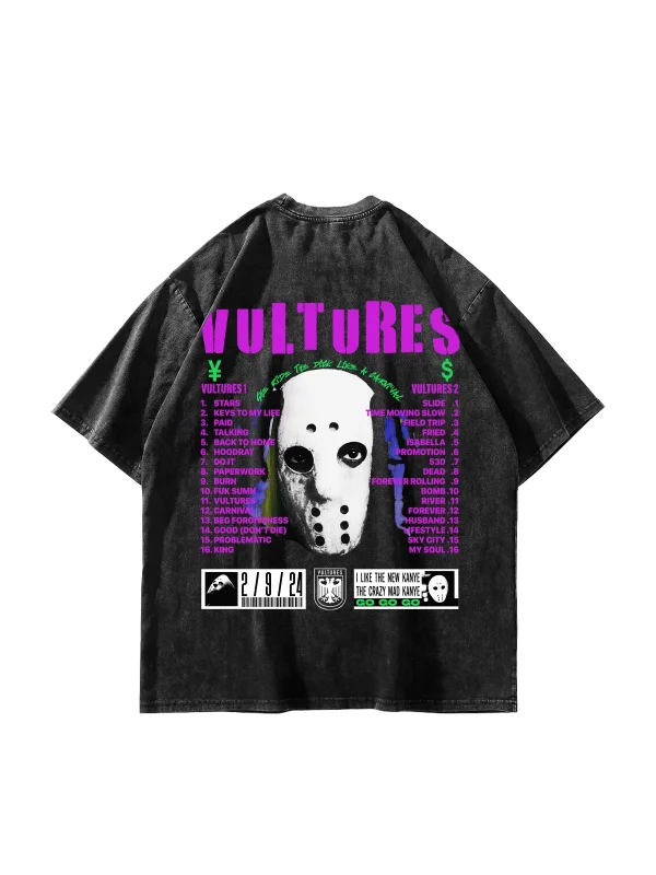 Vultures Baskılı Oversize Unisex Yıkamalı Siyah Tshirt