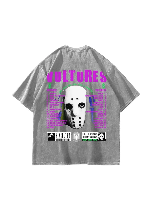 Vultures Baskılı Oversize Unisex Yıkamalı Beyaz Tshirt