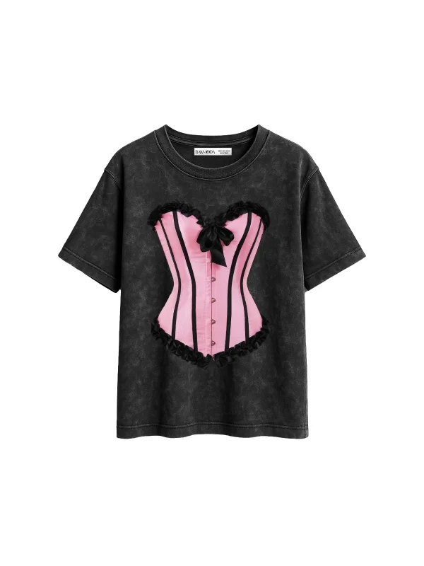 Baby Pink Baskılı Relaxed Fit Yıkamalı Siyah Kadın Tshirt