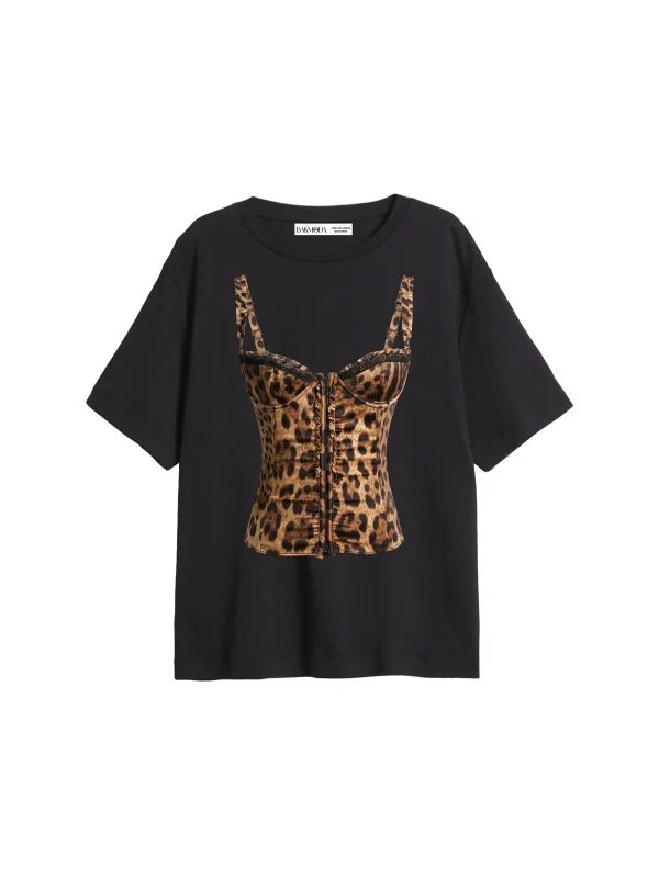 Leo Top Baskılı Relaxed Fit Siyah Kadın Tshirt