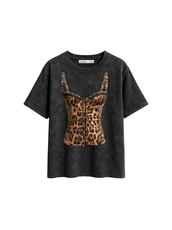 Leo Top Baskılı Relaxed Fit Yıkamalı Siyah Kadın Tshirt