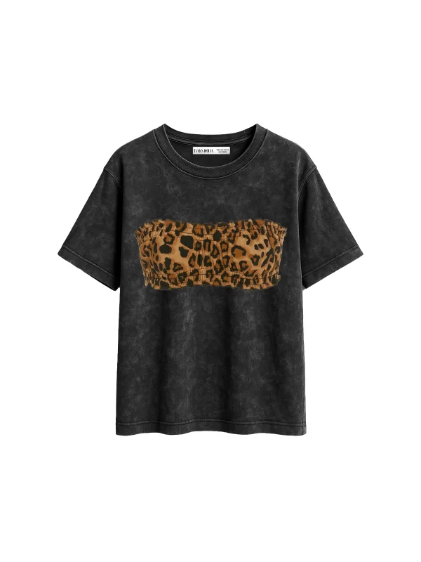 Leopar Top Baskılı Relaxed Fit Yıkamalı Siyah Kadın Tshirt