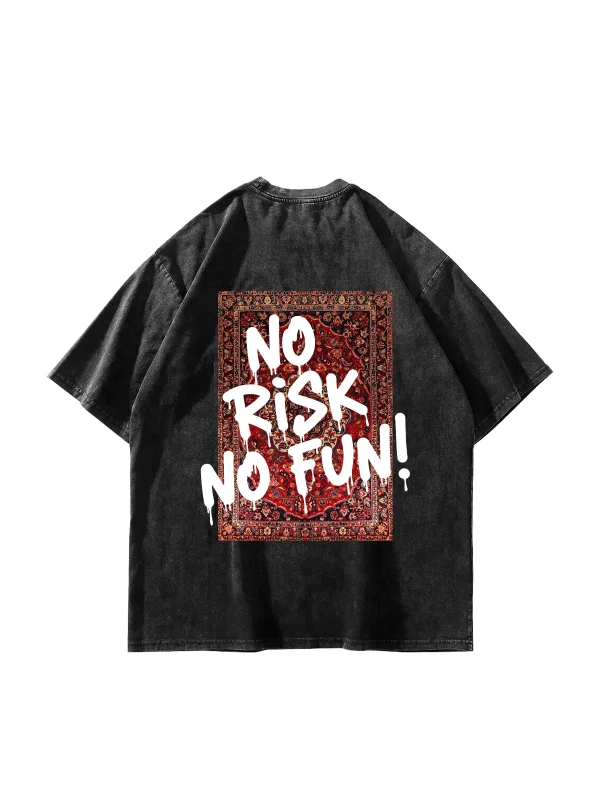 No Risk No Fun Baskılı Oversize Unisex Yıkamalı Siyah Tshirt