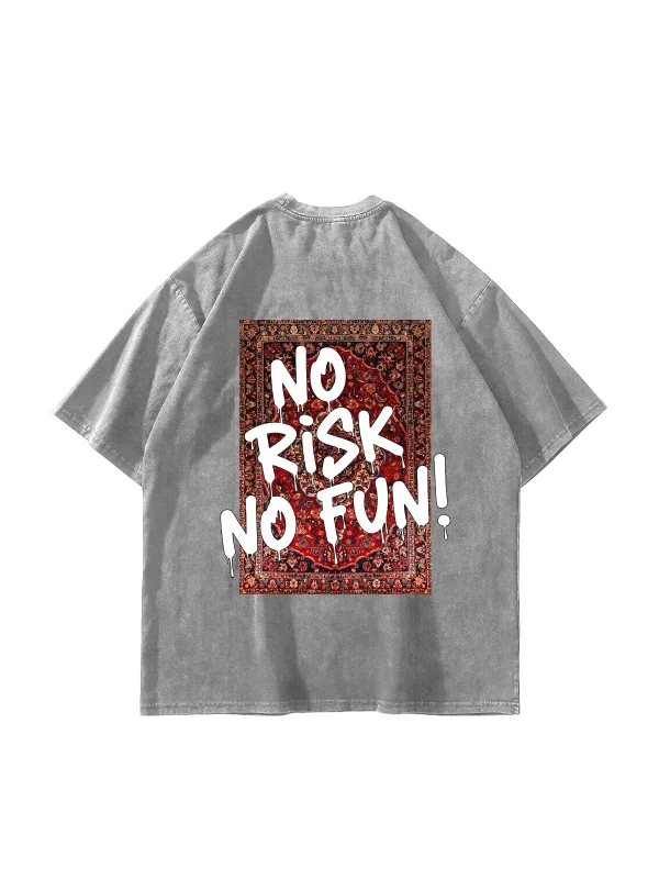 No Risk No Fun Baskılı Oversize Unisex Yıkamalı Beyaz Tshirt