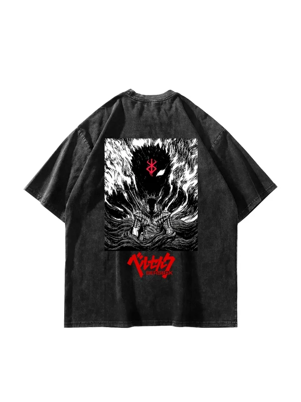 Berserk Manga Baskılı Oversize Unisex Yıkamalı Siyah Tshirt