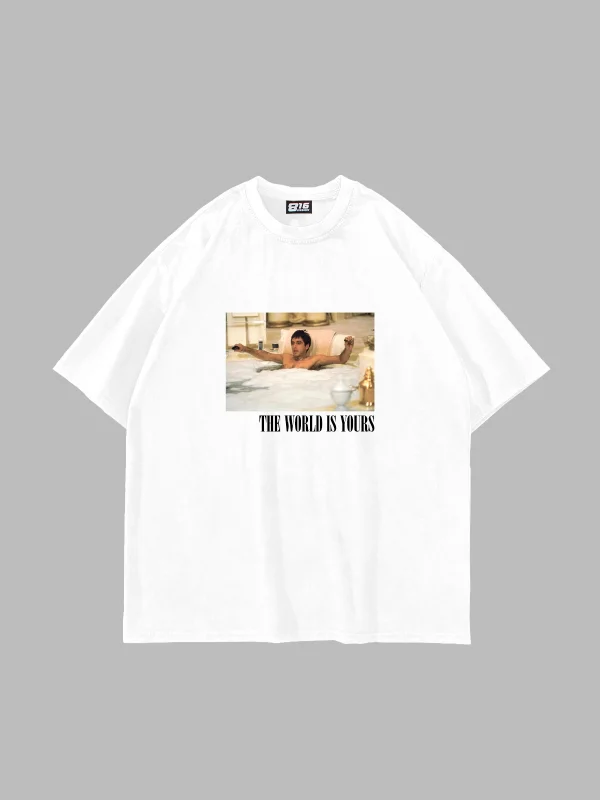World Is Yours Baskılı Oversize Unisex Beyaz Tshirt