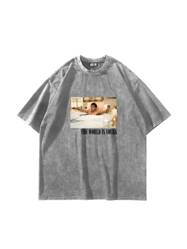 World Is Yours Baskılı Oversize Unisex Yıkamalı Beyaz Tshirt