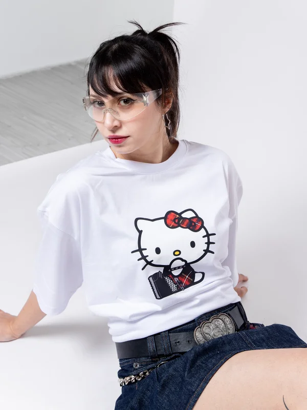 Punk H. Kitty Baskılı Oversize Unisex Beyaz Tshirt