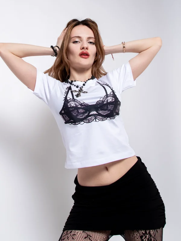 Black Bra Baskılı Beyaz Crop Top