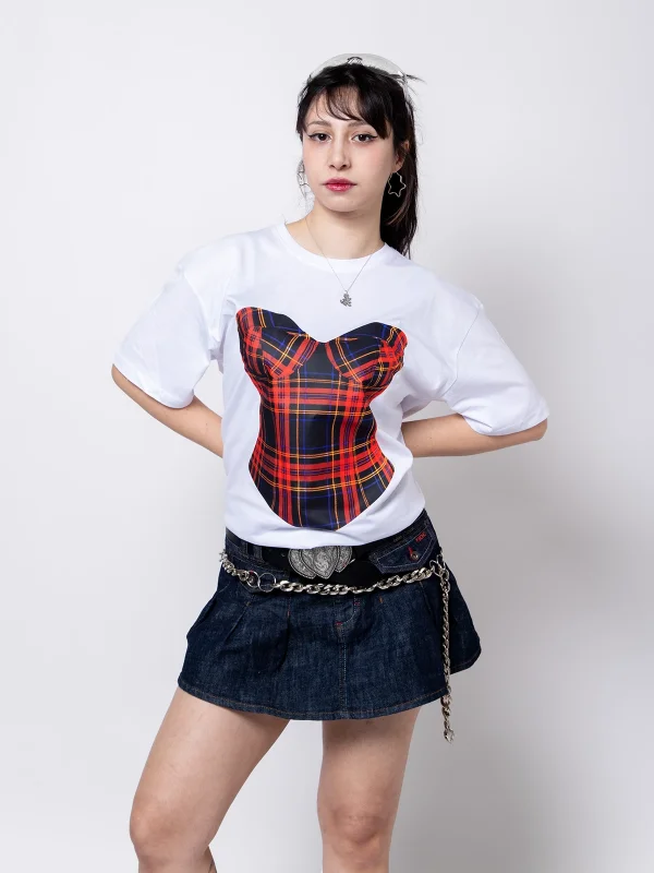 Ekose Baskılı Relaxed Fit Beyaz Kadın Tshirt