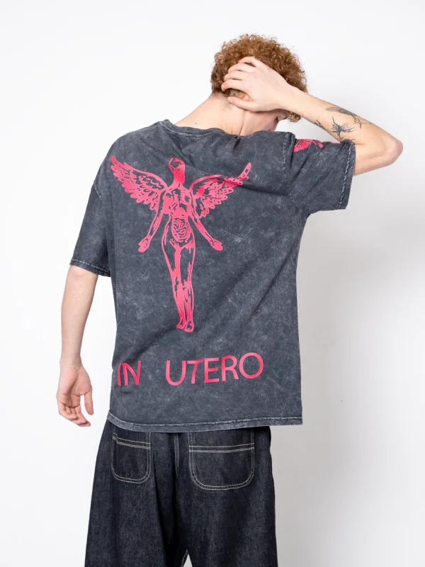 Nirvana In Utero Pembe Baskılı Oversize Unisex Yıkamalı Siyah Tshirt