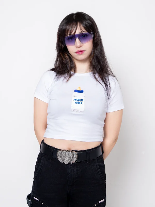 Absolut Vodka Baskılı Beyaz Crop Top