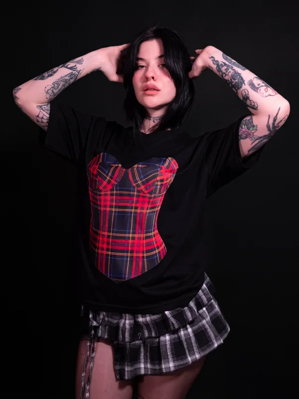 Ekose Baskılı Relaxed Fit Siyah Kadın Tshirt