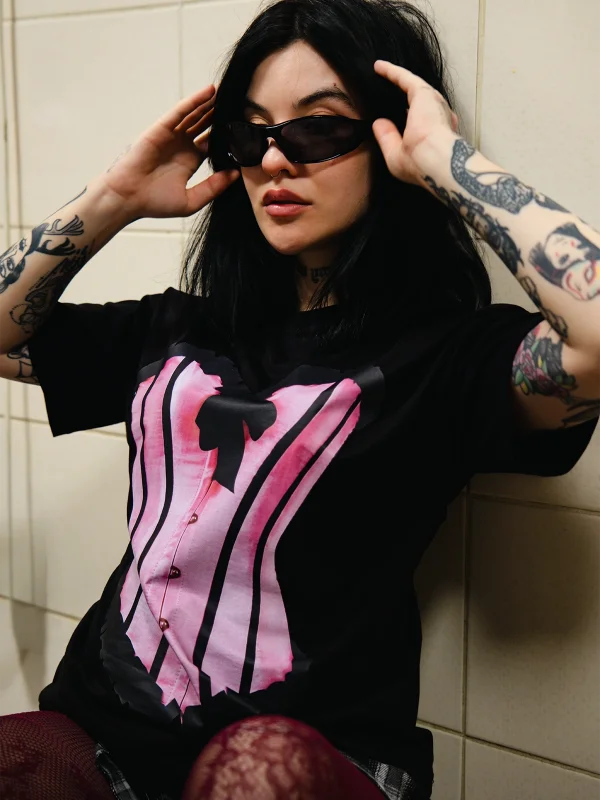 Baby Pink Baskılı Relaxed Fit Siyah Kadın Tshirt